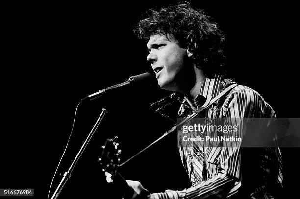 American Folk and Pop musician Steve Forbert plays guitar as he performs onstage at the Park West Auditorium, Chicago, Illinois, November 16, 1979.