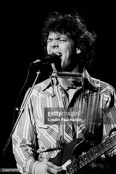 American Folk and Pop musician Steve Forbert plays guitar as he performs onstage at the Park West Auditorium, Chicago, Illinois, November 16, 1979.