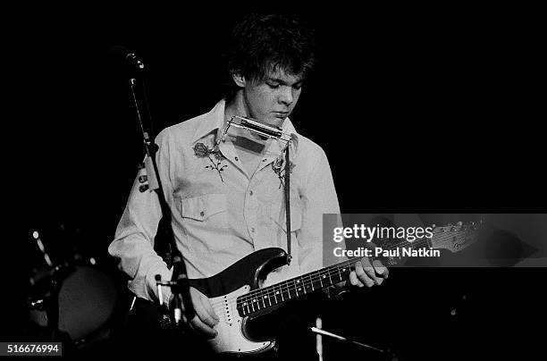 American Folk and Pop musician Steve Forbert plays guitar as he performs onstage at the Park West Auditorium, Chicago, Illinois, March 21, 1979.