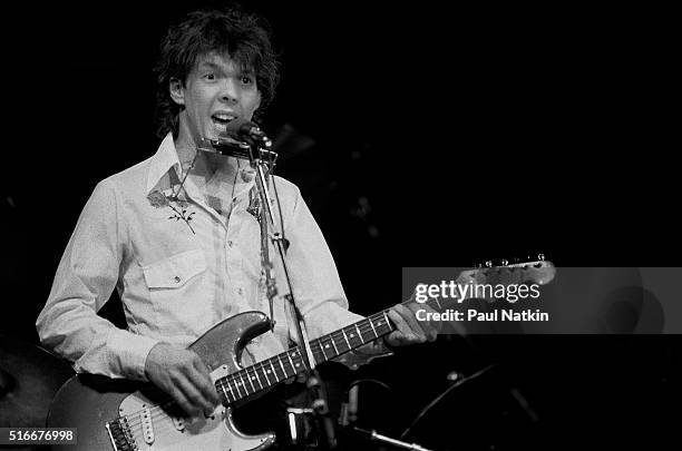 American Folk and Pop musician Steve Forbert plays guitar as he performs onstage at the Park West Auditorium, Chicago, Illinois, March 21, 1979.