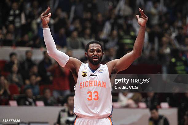 Mike Harris of Sichuan Blue Whales celebrates victory after the Chinese Basketball Association 15/16 season play-off final match between Sichuan Blue...