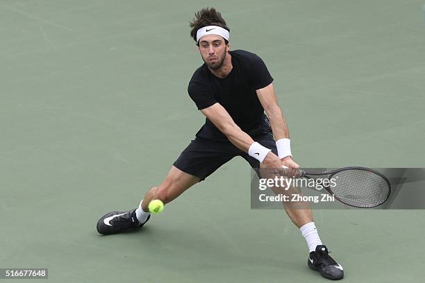 Nikoloz Basilshvili of Georgia returns a shot during the match against Franko Skugor of Croatia during the 2016 "GDD CUP" International ATP...