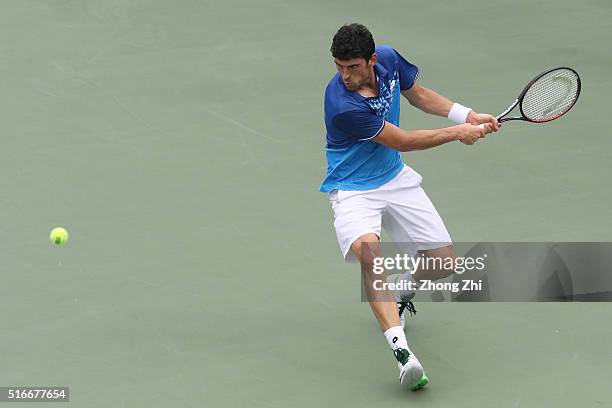 Franko Skugor of Croatia returns a shot during the match against Nikoloz Basilshvili of Georgia during the 2016 "GDD CUP" International ATP...