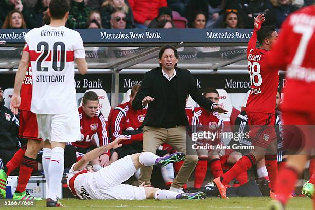 Head coach Roger Schmidt of Leverkusen reacts during the Bundesliga match between VfB Stuttgart and Bayer Leverkusen at Mercedes-Benz Arena on March...