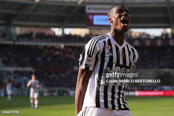 Juventus' midfielder Paul Pogba from France celebrates after a goal of teammate Juventus' forward Alvaro Morata from Spain during the Italian Serie A...