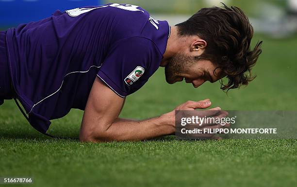 Fiorentina's defender from Spain Marcos Alonso Mendoza reacts during the Italian Serie A football match Frosinone vs Fiorentina at the Matusa Stadium...