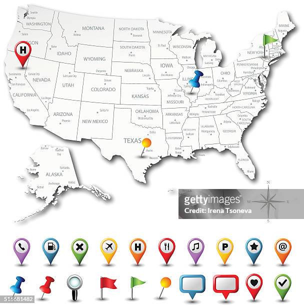karte der usa mit pins-sehr detaillierte - north carolina us state stock-grafiken, -clipart, -cartoons und -symbole