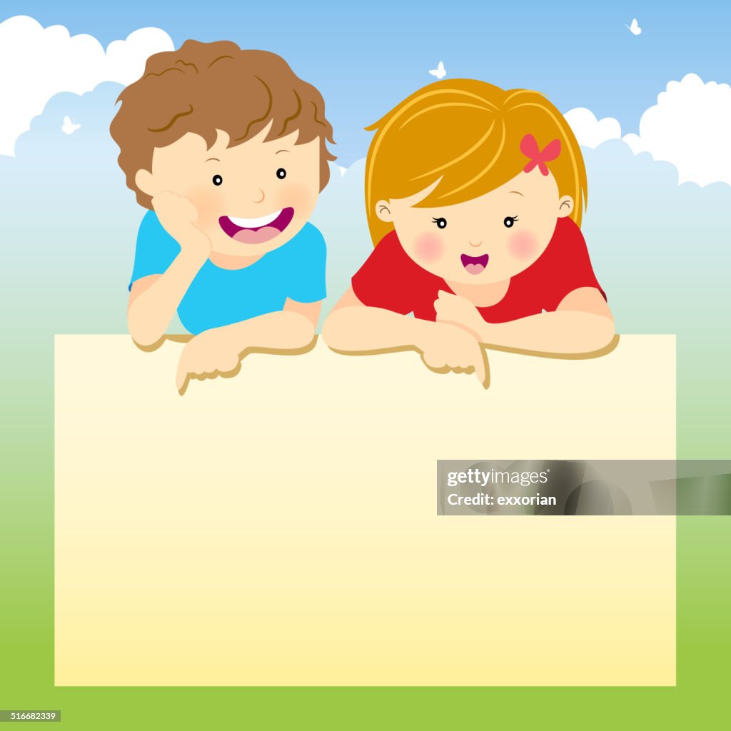 Two Happy Kids Pointing At Signboard High-Res Vector Graphic - Getty Images Two Happy Kids Pointing At Signboard High-Res Vector Graphic - Getty Images