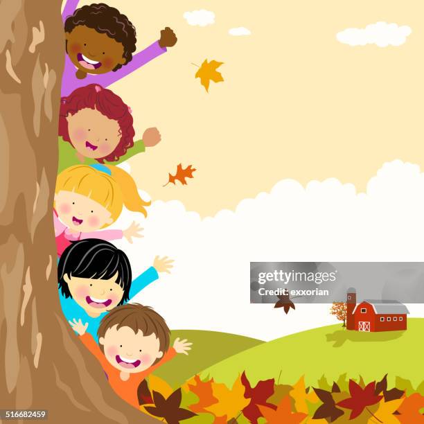 illustrazioni stock, clip art, cartoni animati e icone di tendenza di multi-etnico bambini di nascondersi dietro albero in autunno - nascondino