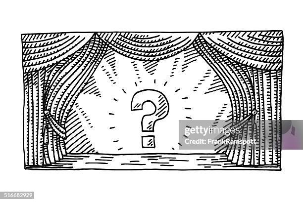 stage spotlight question mark drawing - white curtain stock illustrations