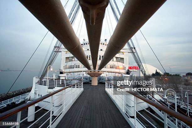 This photo shows a view from the deck of the Queen Mary in Long Beach, CA, 13 December 2002. The 1019.5 foot-long ship built by John Brown & Co. In...