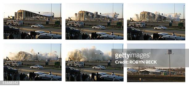 This six photo combo shows the destruction of US Airways Arena in Landover, Maryland, 15 December 2002. The venue, which opened in 1973 as the...