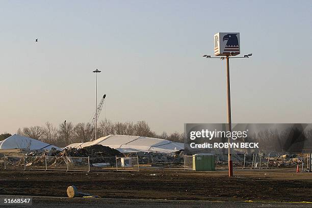 All that remains of he US Airways Arena in Landover, Maryland is an eagle sign in the arena's former parking lot after the structure was destroyed to...