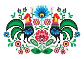 Polish folk art floral embroidery with cocks - traditional folk pattern