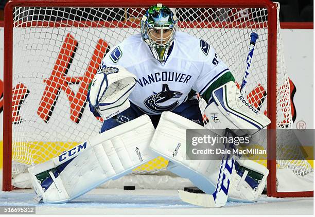 Goaltender Joacim Eriksson of the Vancouver Canucks plays against the Calgary Flames during the preseason game at Scotiabank Saddledome on September...