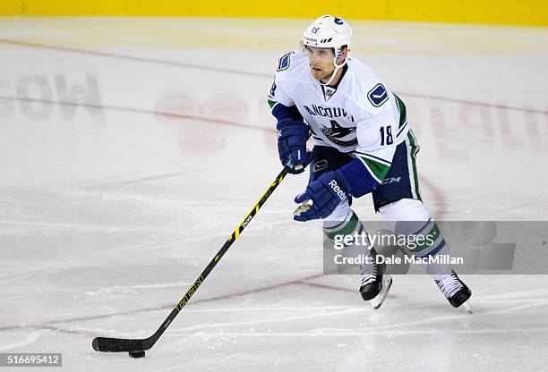 Ryan Stanton of the Vancouver Canucks plays against the Calgary Flames during the preseason game at Scotiabank Saddledome on September 25, 2014 in...