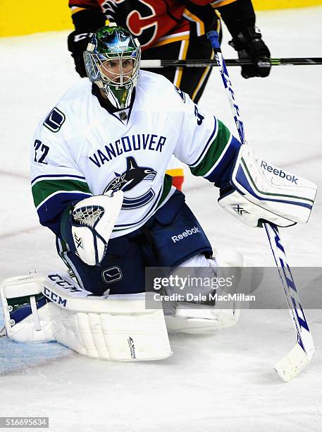 Goaltender Joacim Eriksson of the Vancouver Canucks plays against the Calgary Flames during the preseason game at Scotiabank Saddledome on September...