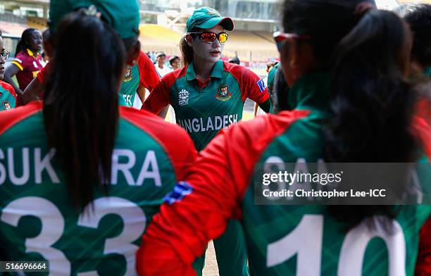 Jahanara Alam, Captain of Bangladesh talks to her team before they go out to field during the Women's ICC World Twenty20 India 2016 Group B match...