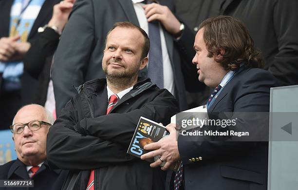 Ed Woodward executive vice-chairman of Manchester United looks on prior to the Barclays Premier League match between Manchester City and Manchester...