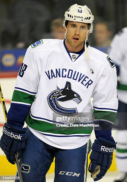 Ryan Stanton of the Vancouver Canucks plays in the game against the Calgary Flames at Scotiabank Saddledome on October 8, 2014 in Calgary, Alberta,...