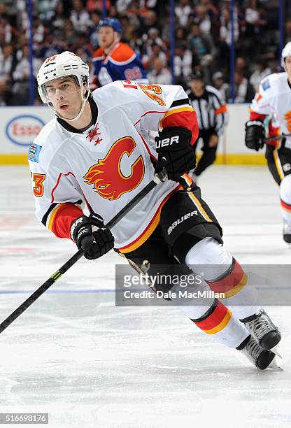 Raphael Diaz of the Calgary Flames plays in the game against the Edmonton Oilers at Rexall Place on October 9, 2014 in Edmonton, Alberta, Canada.
