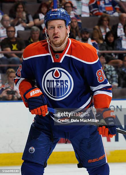 Nikita Nikitin of the Edmonton Oilers plays against the Calgary Flames during the game at Rexall Place on October 9, 2014 in Edmonton, Alberta,...