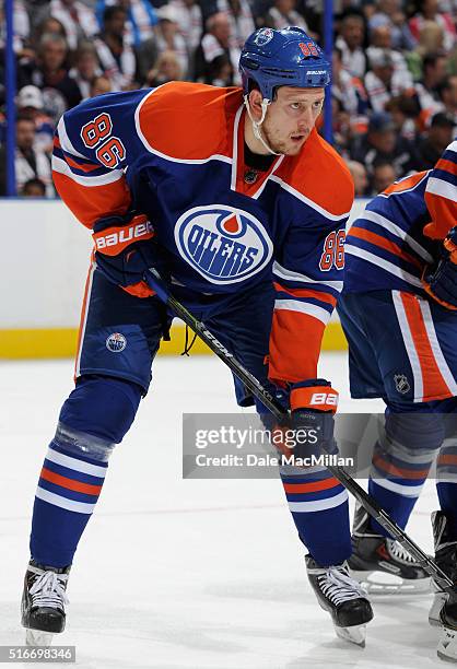 Nikita Nikitin of the Edmonton Oilers plays against the Calgary Flames during the game at Rexall Place on October 9, 2014 in Edmonton, Alberta,...