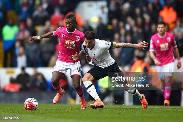 Max Gradel of Bournemouth and Kyle Walker of Tottenham Hotspur battle for the ball during the Barclays Premier League match between Tottenham Hotspur...