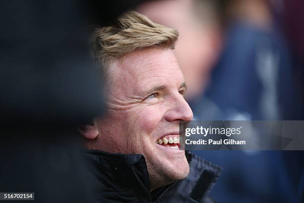 Eddie Howe manager of Bournemouth looks on prior to the Barclays Premier League match between Tottenham Hotspur and A.F.C. Bournemouth at White Hart...