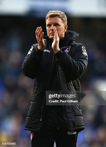 Eddie Howe manager of Bournemouth applauds the crowd after the Barclays Premier League match between Tottenham Hotspur and A.F.C. Bournemouth at...