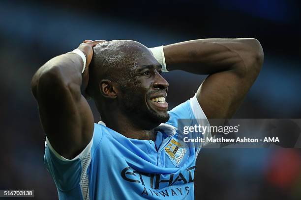 Eliaquim Mangala of Manchester City reacts at the end of the Barclays Premier League match between Manchester City and Manchester United at the...