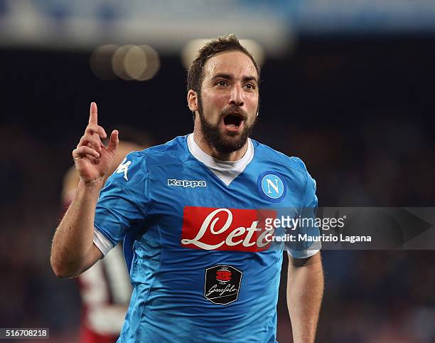 Gonzalo Higuain of Napoli celebrates after scoring his team's second goal during the Serie A match between SSC Napoli and Genoa CFC at Stadio San...