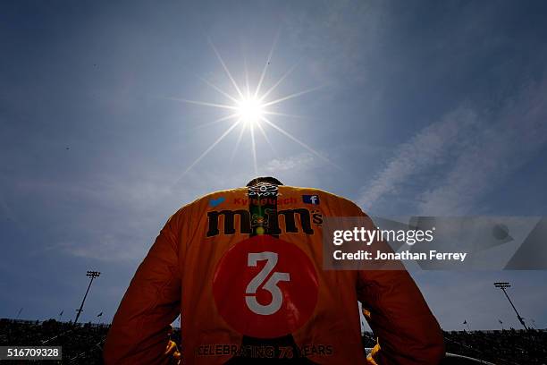 Kyle Busch, driver of the M&M's 75 Toyota, stands on the grid before the NASCAR Sprint Cup Series Auto Club 400 at Auto Club Speedway on March 20,...