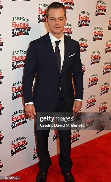 Matt Damon, winner of the Jameson Best Actor award for "The Martian", poses in the winners room at the Jameson Empire Awards 2016 at The Grosvenor...