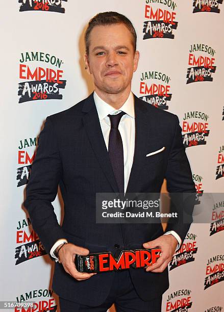 Matt Damon, winner of the Jameson Best Actor award for "The Martian", poses in the winners room at the Jameson Empire Awards 2016 at The Grosvenor...