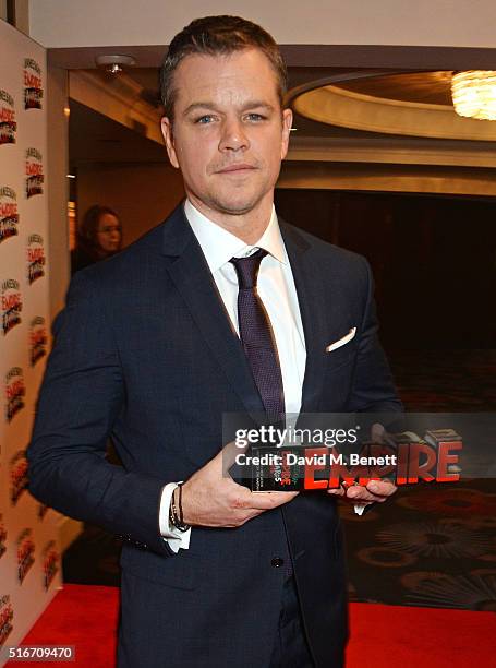 Matt Damon, winner of the Jameson Best Actor award for "The Martian", poses in the winners room at the Jameson Empire Awards 2016 at The Grosvenor...