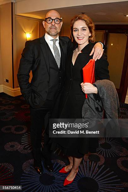 Stanley Tucci, winner of the Empire Hero award, and wife Felicity Blunt pose in the winners room at the Jameson Empire Awards 2016 at The Grosvenor...