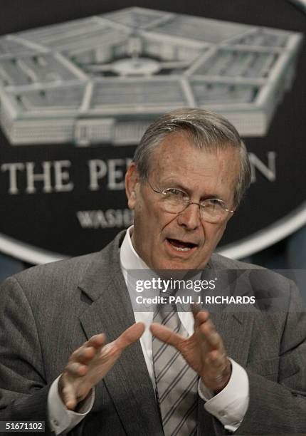 Secretary of Defense Donald Rumsfeld briefs reporters on developments on the war on terrorism and developments with Iraq, Saddam Hussein, North...