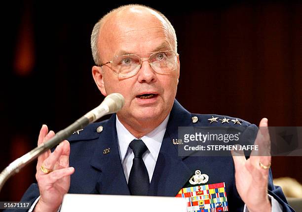 Lt. General Michael Hayden, the Director of the National Security Agency, testifies during questioning before US Congress 17 October 2002 on Capitol...