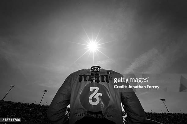 Kyle Busch, driver of the M&M's 75 Toyota, stands on the grid before the NASCAR Sprint Cup Series Auto Club 400 at Auto Club Speedway on March 20,...