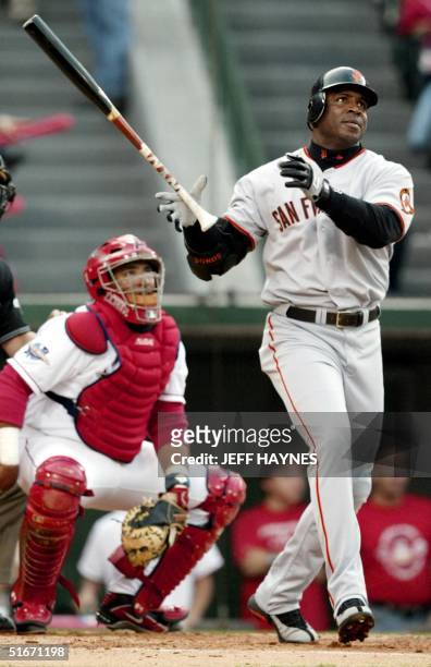 San Francisco Giants' Barry Bonds and Anaheim Angels' catcher Bengie Molina watch Bonds' second inning home run in Game One of the World Series in...