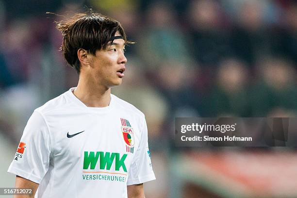 Jeong-Ho Hong of Augsburg looks on during the Bundesliga match between FC Augsburg and Borussia Dortmund at SGL Arena on March 20, 2016 in Augsburg,...