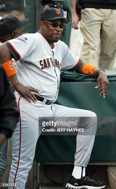San Francisco Giants' manager Dusty Baker stands in the dug out before Game One of the World Series against the Anaheim Angels in Anaheim, CA, 19...
