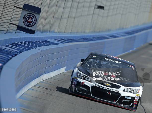 Kevin Harvick, driver of the Jimmy John's Chevrolet, races during the NASCAR Sprint Cup Series Auto Club 400 at Auto Club Speedway on March 20, 2016...