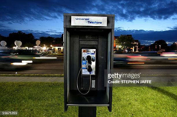 Thi photo shows the pay phone at a Richmond, Virginia, Exxon gas station where two men in a white minivan were taken into custody 21 October...