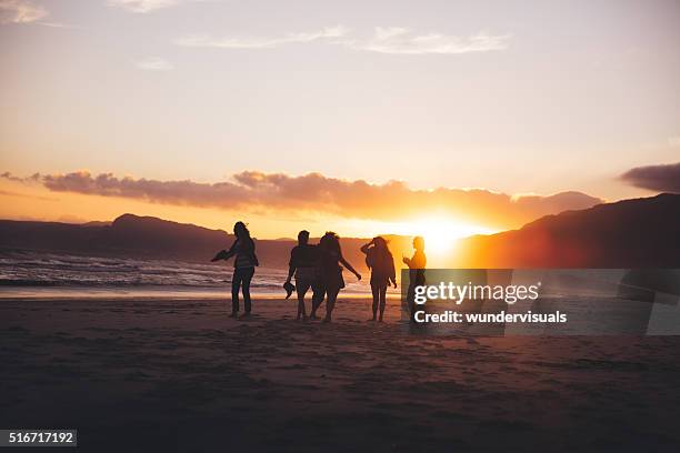 sagoma di giovani amici ballare sulla spiaggia al tramonto - party sulla spiaggia foto e immagini stock