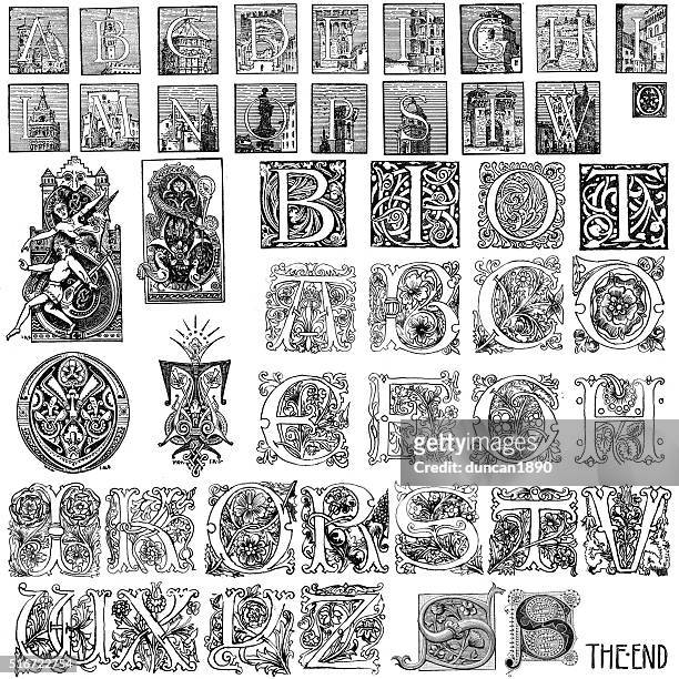 miscellaneous retro vintage capital letters - medieval illuminated letter stock illustrations