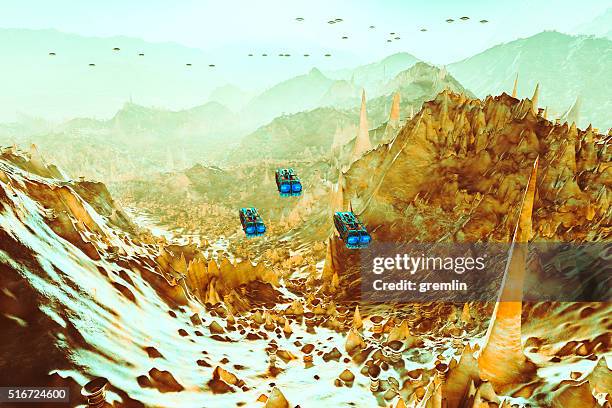 flying ufos over strange alien landscape - top prospects game stockfoto's en -beelden