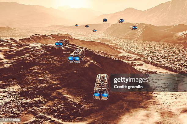 flying ufos over strange alien landscape - top prospects game stockfoto's en -beelden