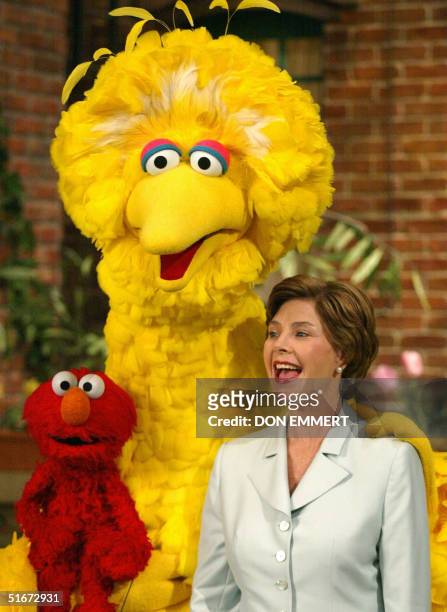 First Lady Laura Bush laughs with Big Bird and Elmo 19 September, 2002 while taping a show of Sesame Street in New York. Mrs. Bush was on the set of...